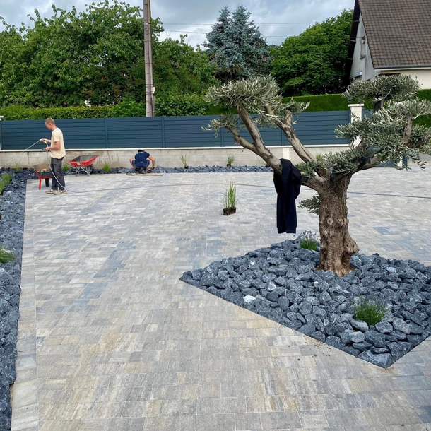 Une terrasse nouvellement pavée de pierres grises, ornée d'un olivier central entouré de roches paysagères sombres.