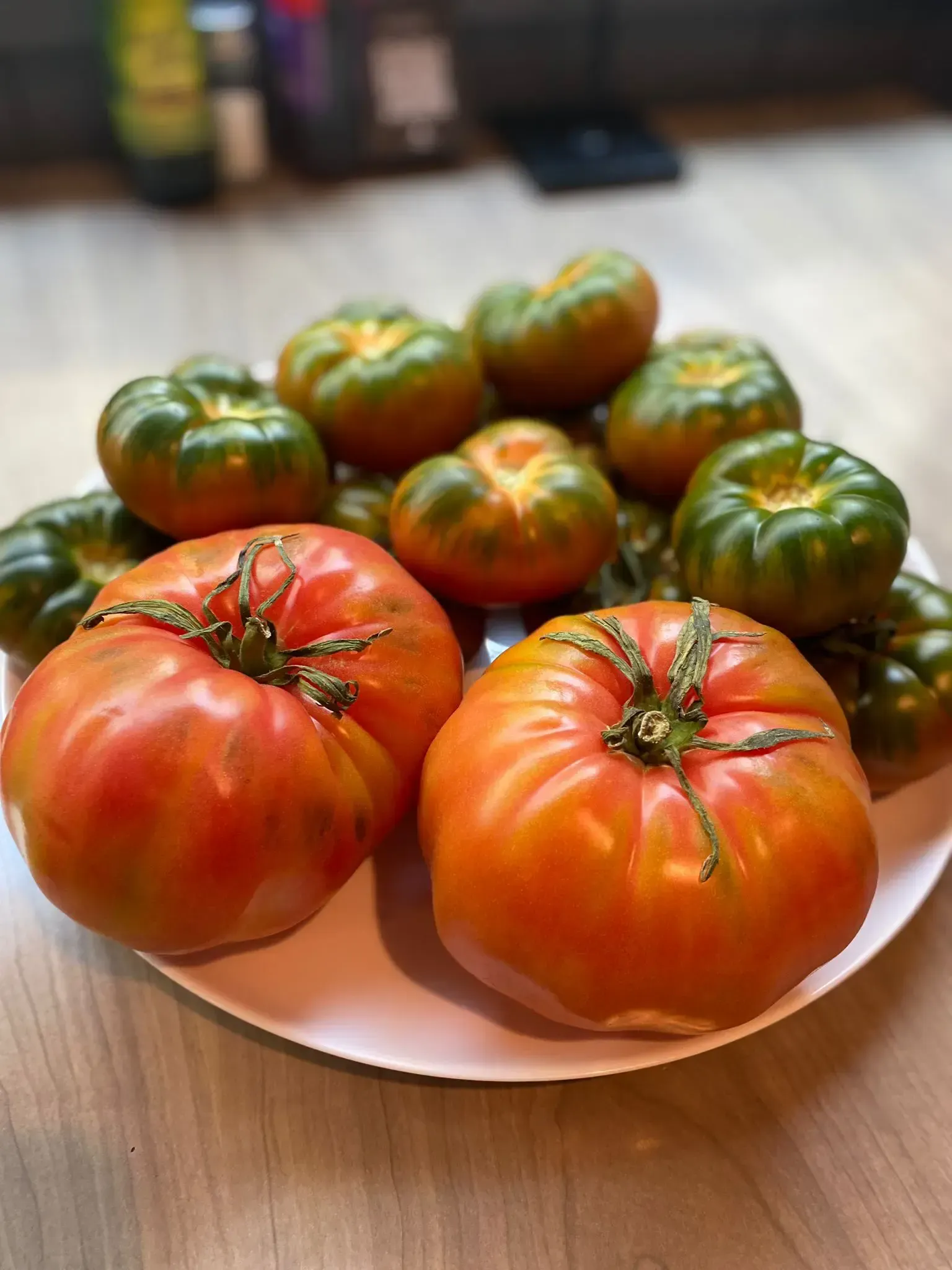 Plato de tomates reliquia maduros, tonos rojos y verdes.
