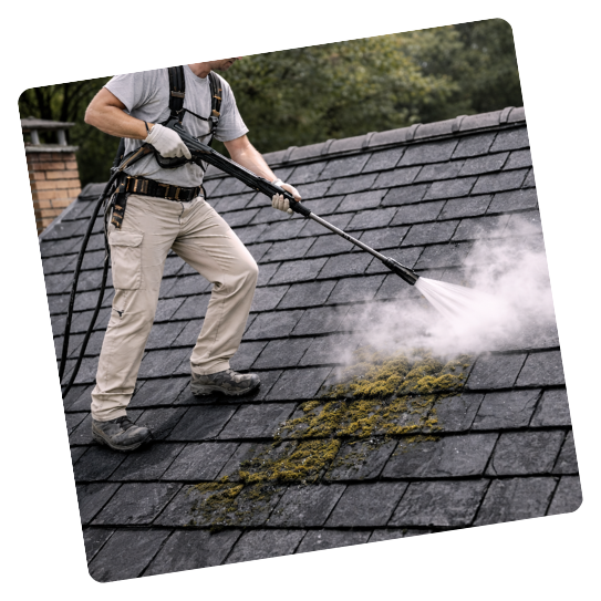 Un homme nettoie à haute pression un toit recouvert de mousse.