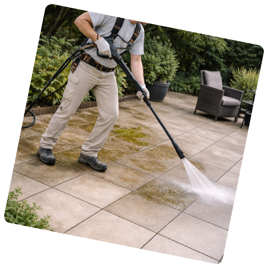 Une personne nettoie une terrasse au jet d'eau.