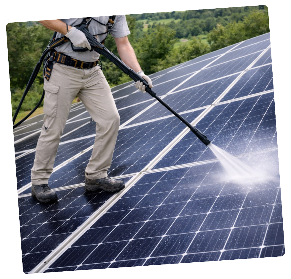 Un homme nettoie des panneaux solaires au nettoyeur haute pression sur un toit.