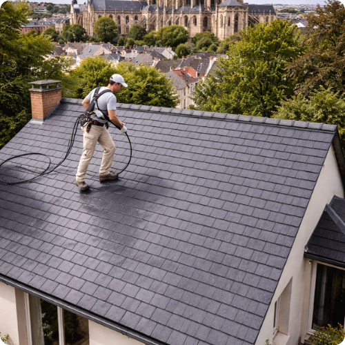 Un homme nettoie au nettoyeur haute pression.
