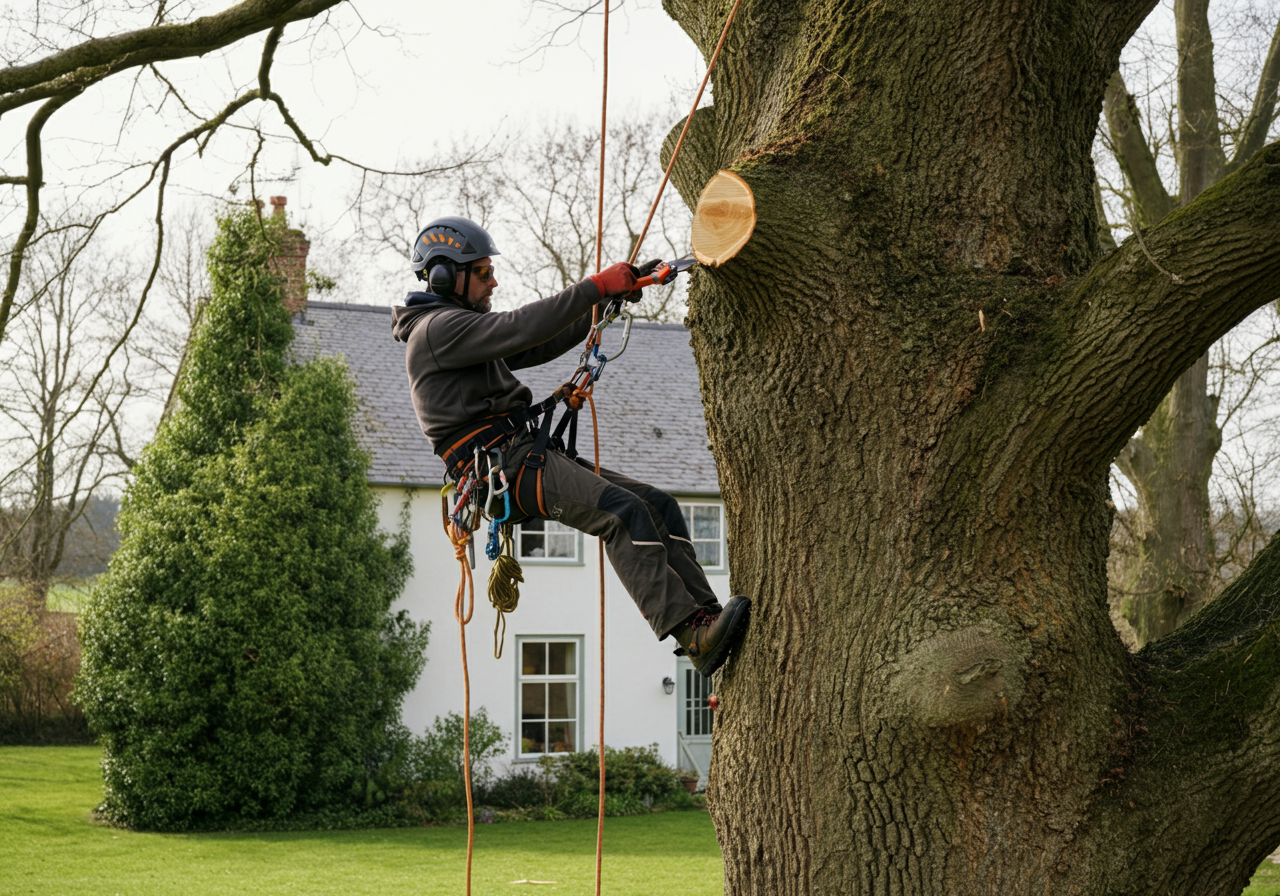 Un arboriste grimpe à un grand arbre à l'aide de cordes dans un jardin, pour l'élaguer ou inspecter ses branches.