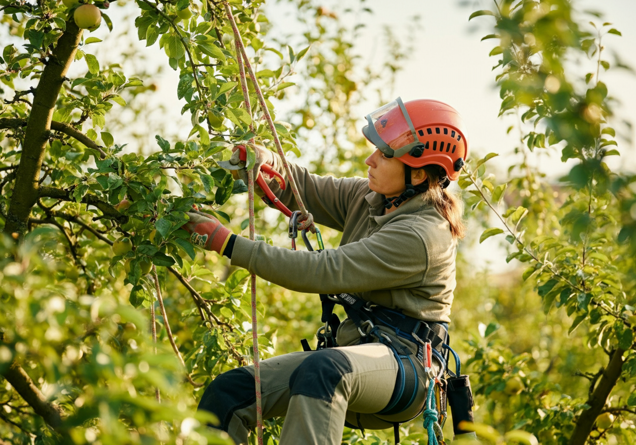 Un élagueur portant un casque et un harnais orange taille des branches parmi le feuillage vert