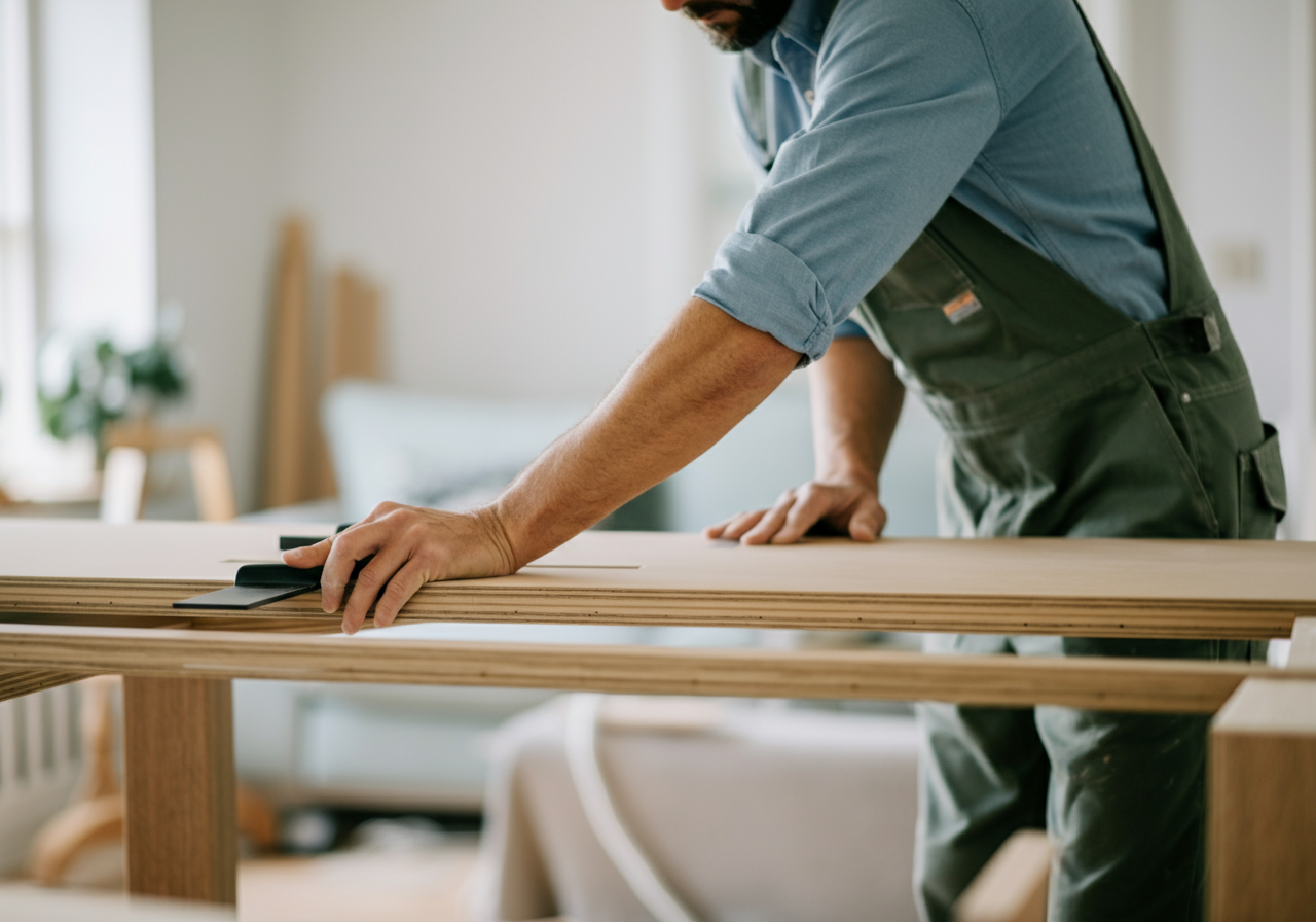 Une personne mesure une planche de bois sur un établi dans un atelier lumineux