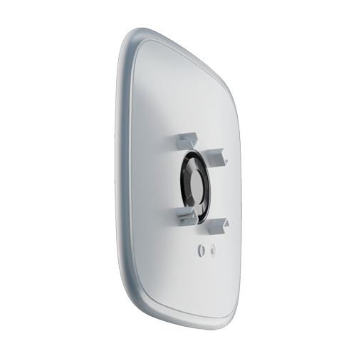 Panneau de commande mural blanc avec un bouton central circulaire et de petits boutons sur une face rectangulaire arrondie