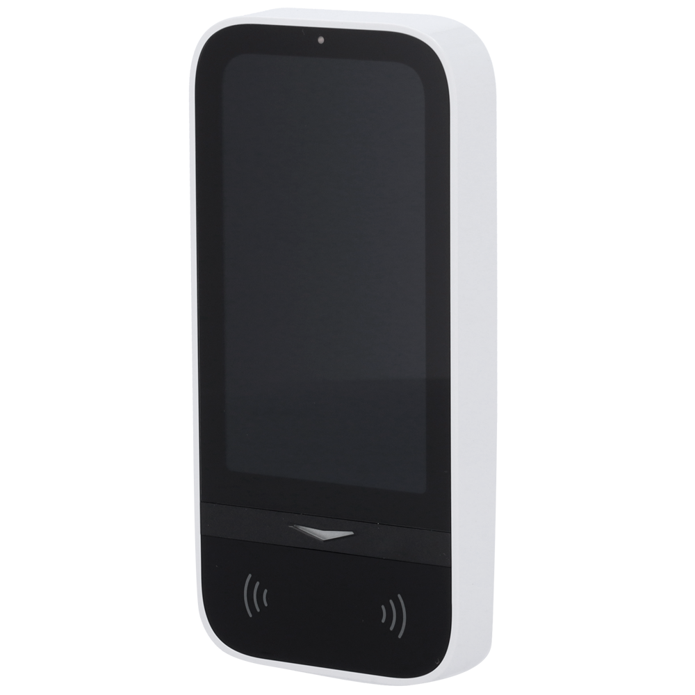 Appareil à écran tactile noir avec cadre blanc, vue de face