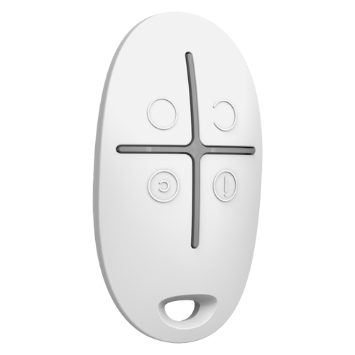 Télécommande blanche à quatre boutons circulaires et croix directionnelle, avec anneau de suspension en bas.