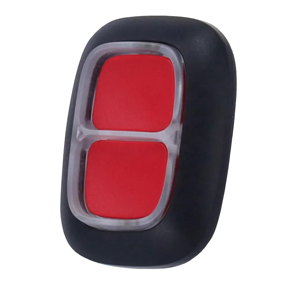 Télécommande noire et grise avec deux boutons rectangulaires rouges