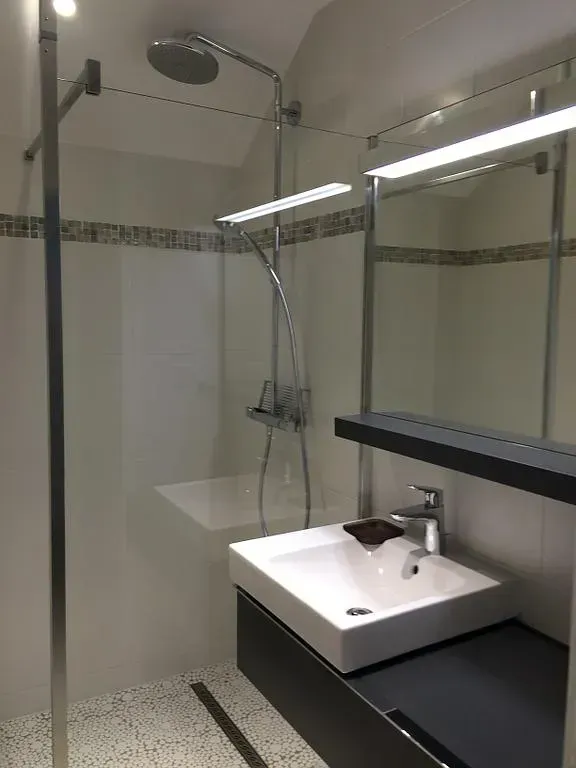 Salle de bain avec une douche à l'italienne, un évier blanc et un miroir au-dessus