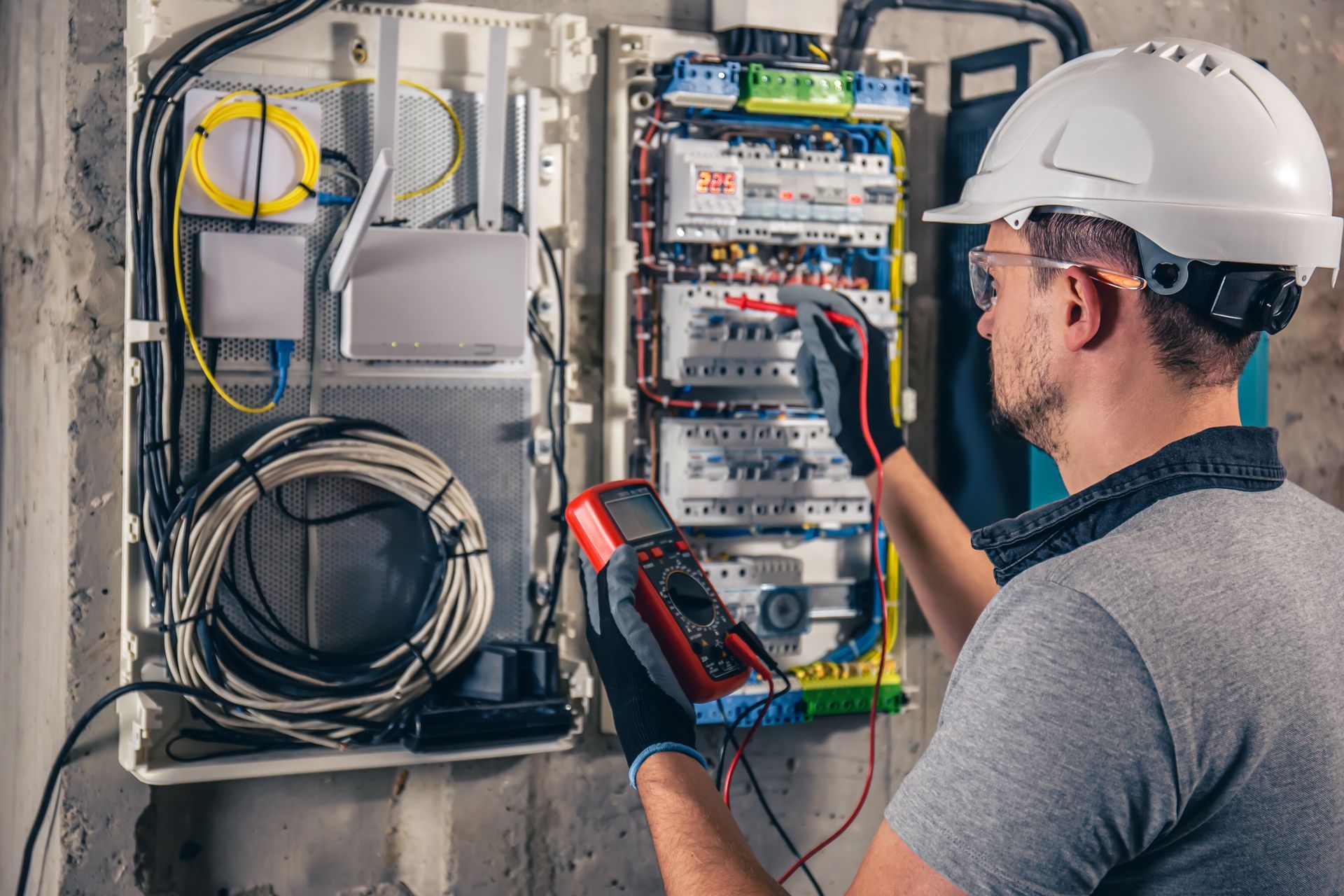 Electricien qui met à jour un tableau électrique
