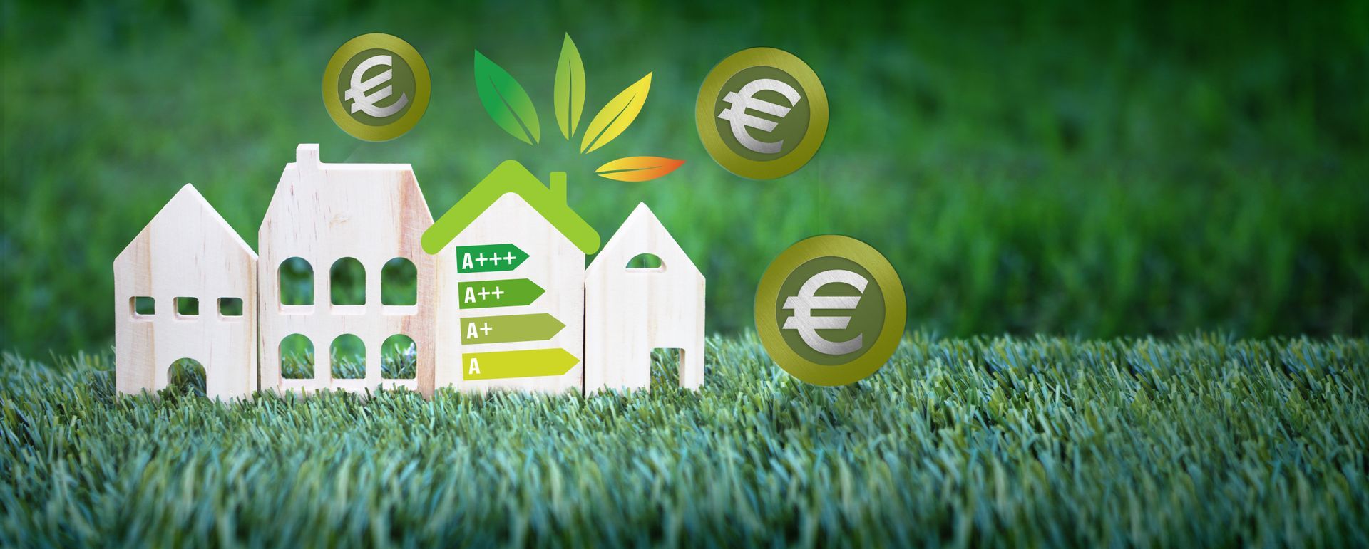 Plusieurs façades de maisons en bois posées sur l'herbe avec des pièces d'euro autour