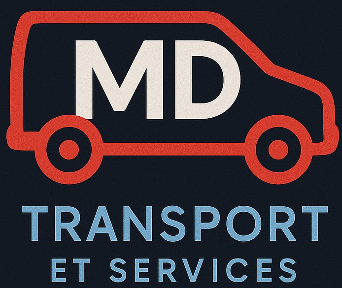 Logo pour MD Transport et Services : fourgonnette à contour rouge avec « MD » en blanc, texte bleu en dessous.