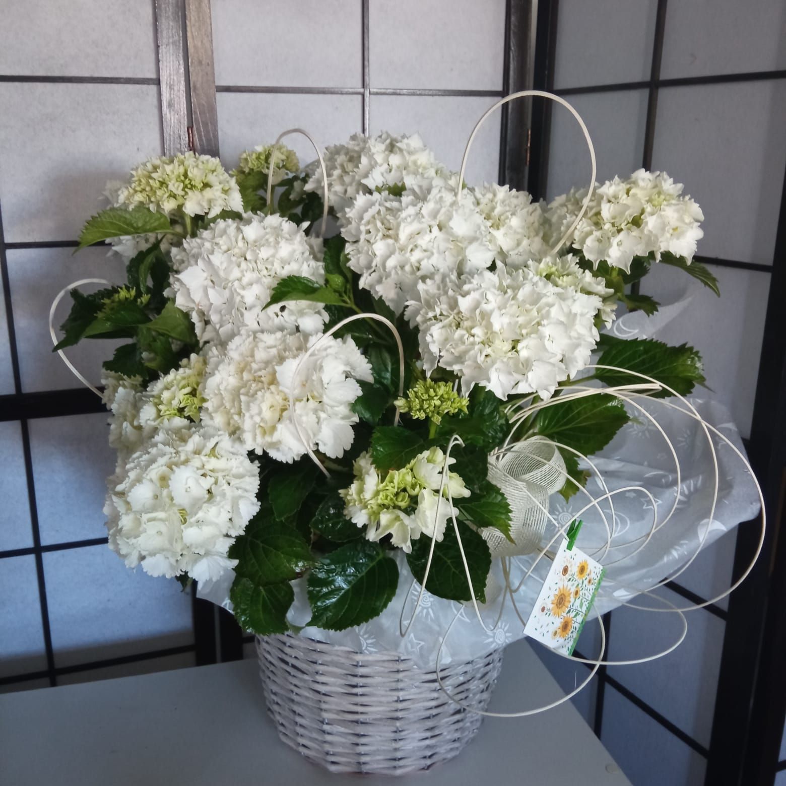 Una cesta llena de flores blancas y hojas verdes