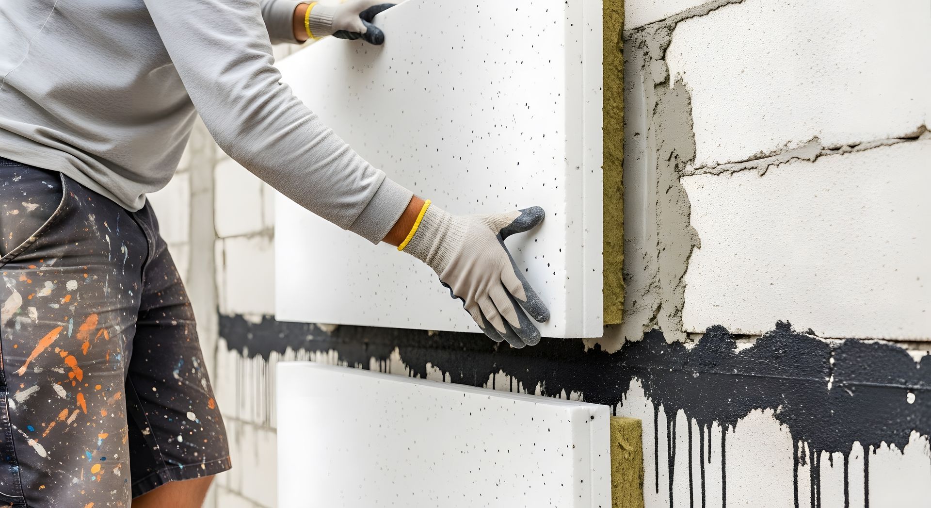 Un artisan pose une plaque isolante contre un mur.