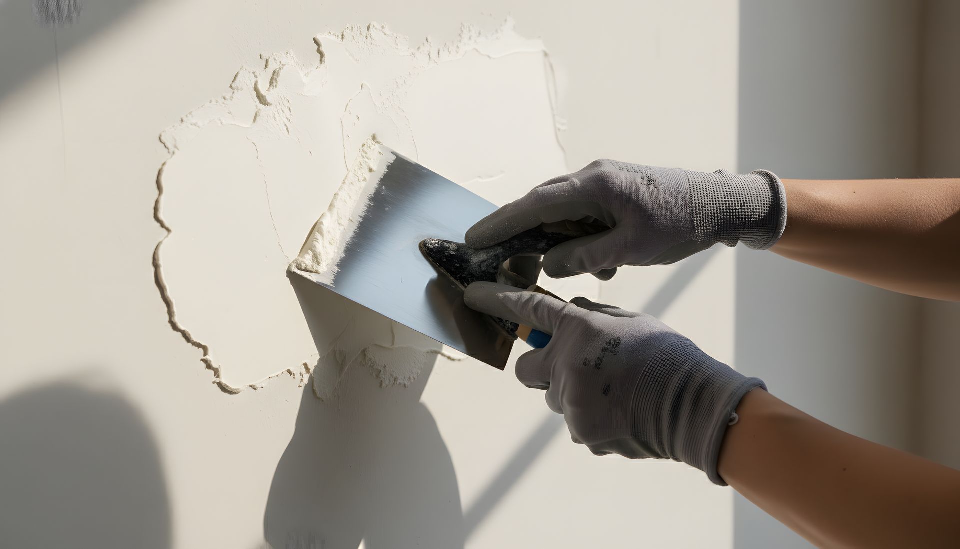 Deux gants gris et de l'enduit sur un mur.