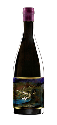 Una botella de vino tinto con una etiqueta oscura