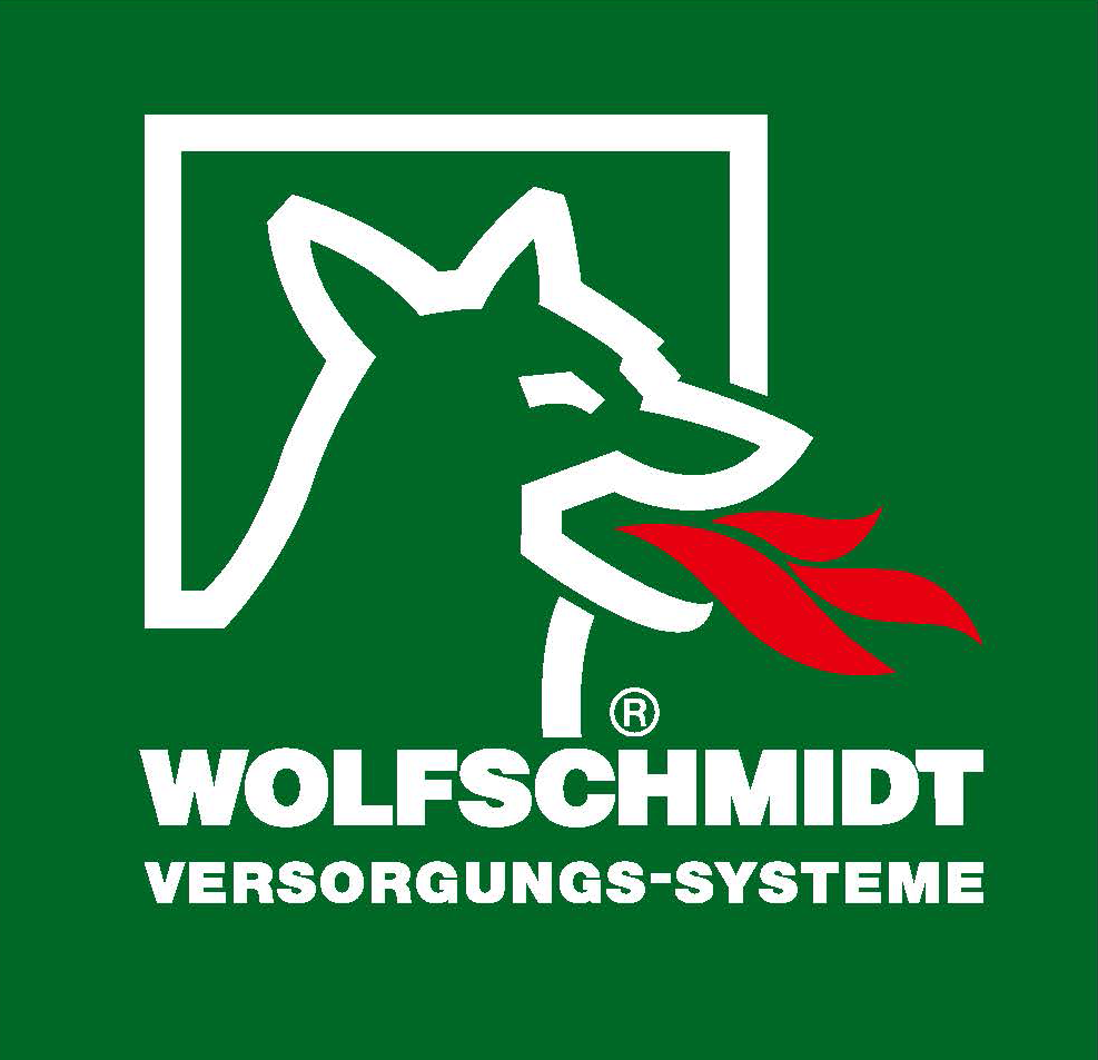Das Logo der Wolfschmidt Versicherungs-Systeme zeigt einen Wolf mit einem roten Schal um den Hals.