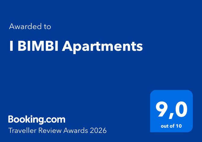 Blue Booking.com Traveller Review Award 2026 for I BIMBI Apartments with a 9.0 out of 10 score.