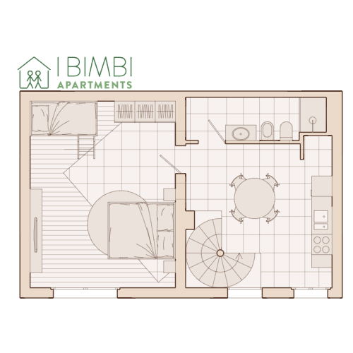 A floor plan of a house with a spiral staircase.