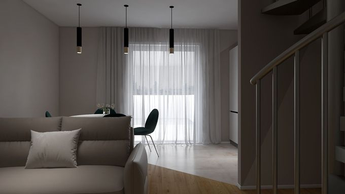 A living room with a couch , chairs , stairs and a large window.