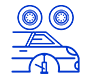 Un dibujo lineal azul de un automóvil con ruedas y neumáticos.