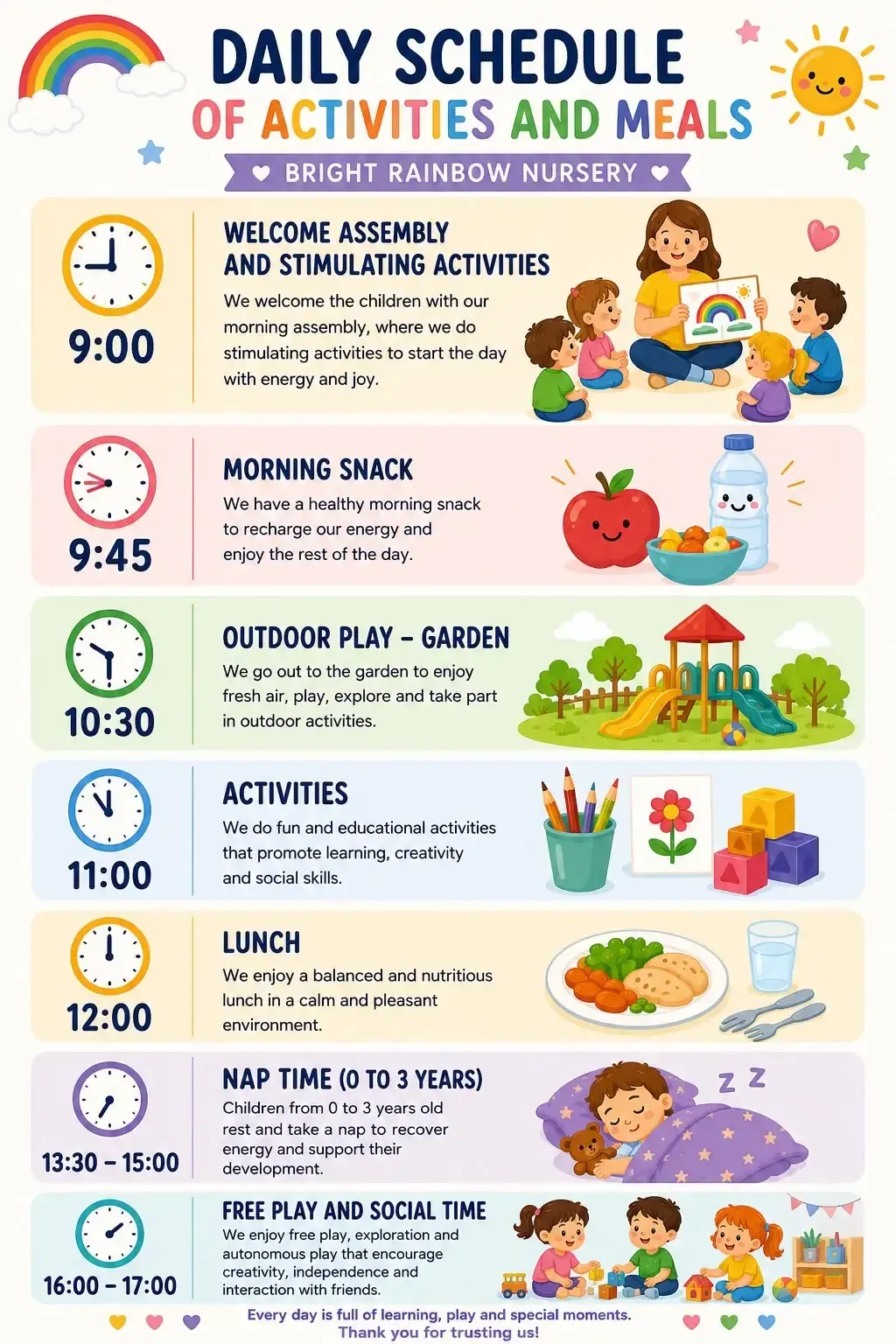 Cartel colorido con el horario diario de actividades, meriendas, almuerzo, siesta y tiempo de juego libre para un día en la guardería infantil.