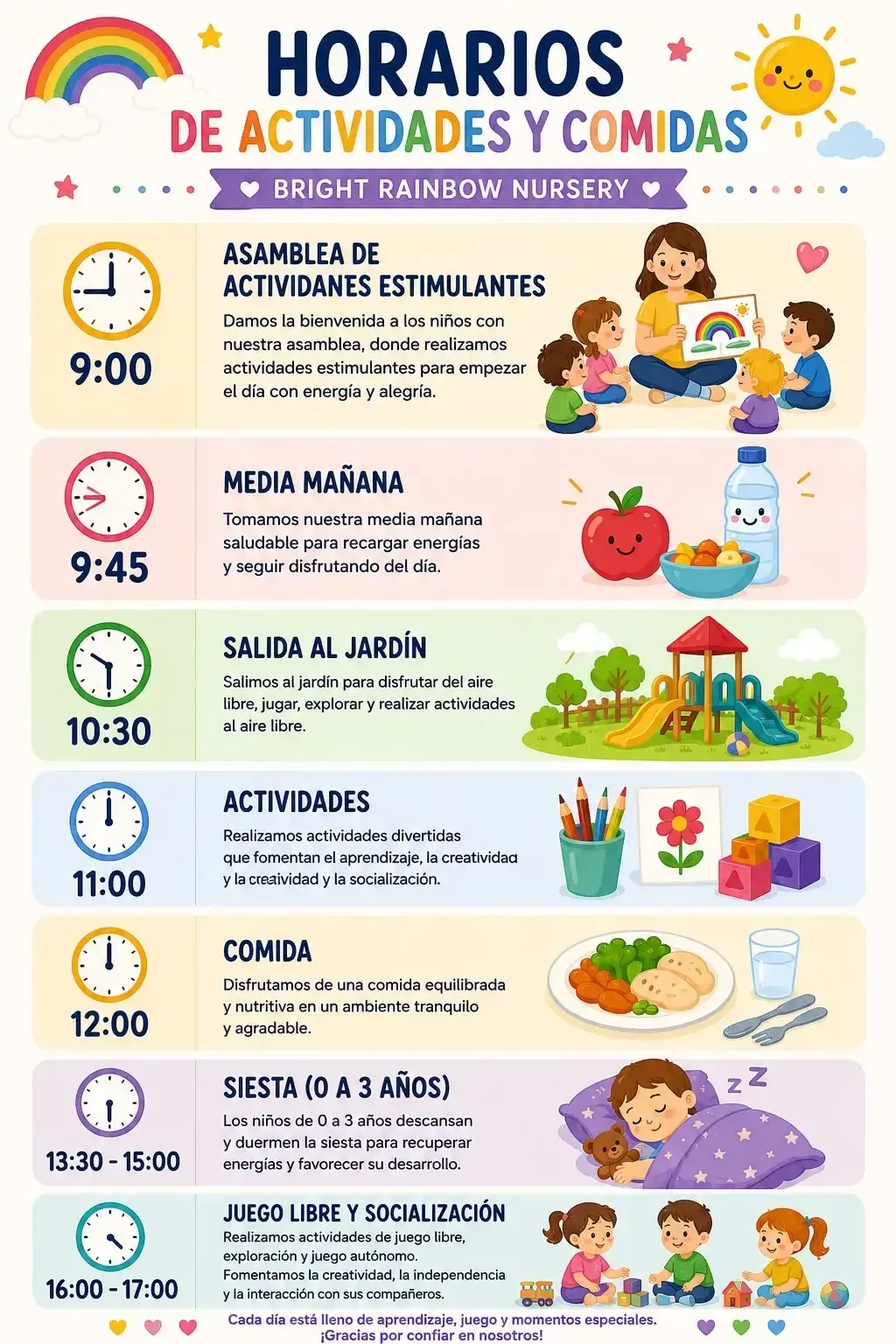 Horario colorido de actividades y comidas de una guardería con horas, dibujos de niños y alimentos.