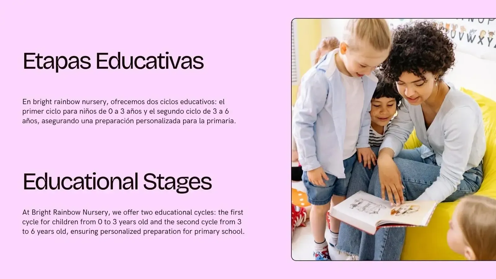 Folleto educativo con títulos en español e inglés junto a una maestra sonriente y alumnos leyendo juntos.