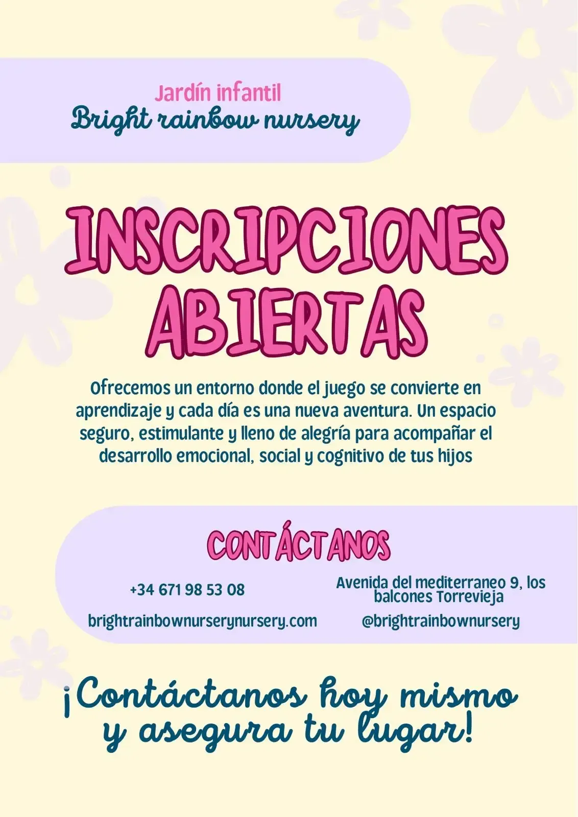 Cartel pastel de nursery con “Inscripciones abiertas” y datos de contacto para jardín infantil bilingual rainbow nursery