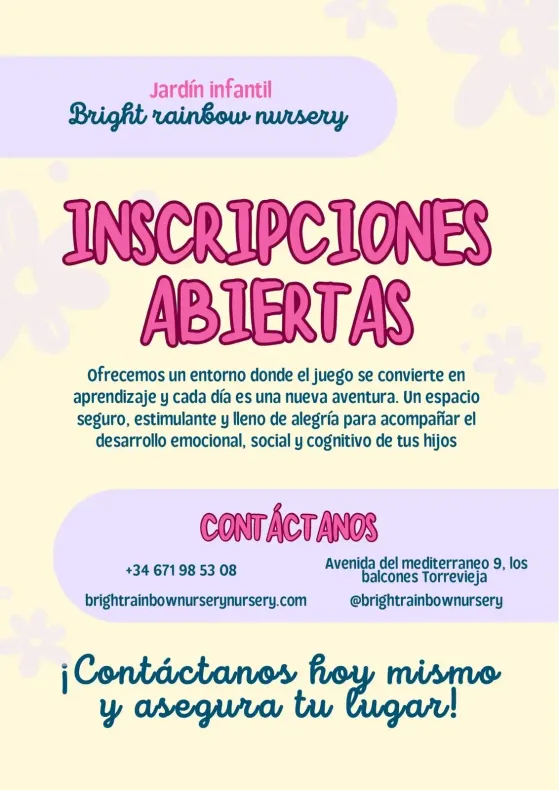 Cartel pastel de nursery con “Inscripciones abiertas” y datos de contacto para jardín infantil bilingual rainbow nursery