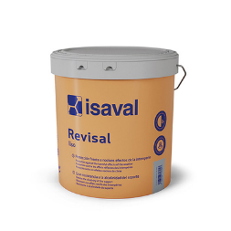 Un cubo de pintura Isaval Revisal sobre un fondo blanco.