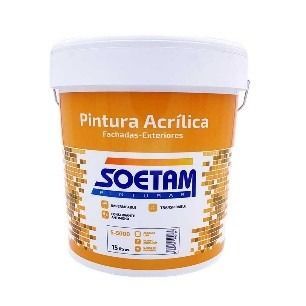 Un balde de pintura acrílica está sobre una superficie blanca.