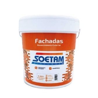 Un cubo de pintura para fachadas Soetam sobre un fondo blanco.