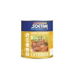 Una lata de pintura exterior Soetam con una imagen de una mesa y sillas en la etiqueta.