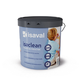 Un balde de pintura isaclean con una imagen de una mujer y un niño.