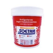 Un cubo de pintura soetam antigoteras impermeabilizantes sobre un fondo blanco.
