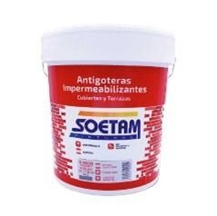 Un cubo de soetam antigoteras impermeabilizantes sobre un fondo blanco.