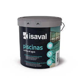 Un cubo de pintura Isaval Piscinas sobre un fondo blanco.
