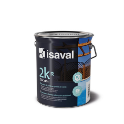 Una lata de pintura isaval 2kr piscinas sobre un fondo blanco.