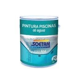 A can of pintura piscinas al agua color azul.