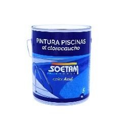 A can of pintura piscinas al clorocaucho color azul.