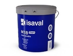 Un cubo azul de pintura Isaval M18 sobre un fondo blanco.