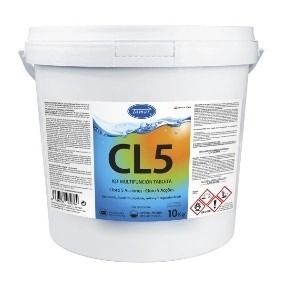 Un cubo blanco lleno de una sustancia química llamada CL5.