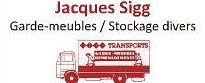 Un camion rouge et blanc avec les mots « jacques sigg garde-meubles / stockage divers » dessus.