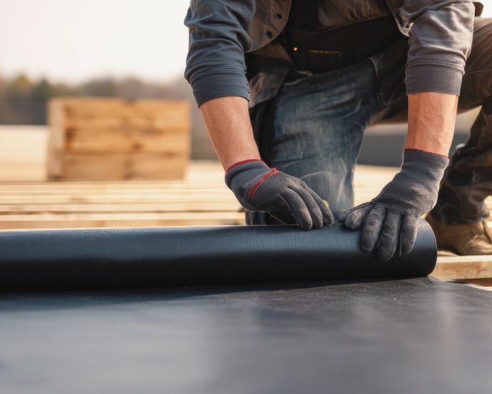 Une personne portant des gants déroule un matériau de toiture noir sur une surface en bois.