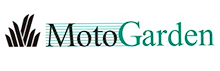 Un logotipo para motogarden con una imagen de césped en el fondo.