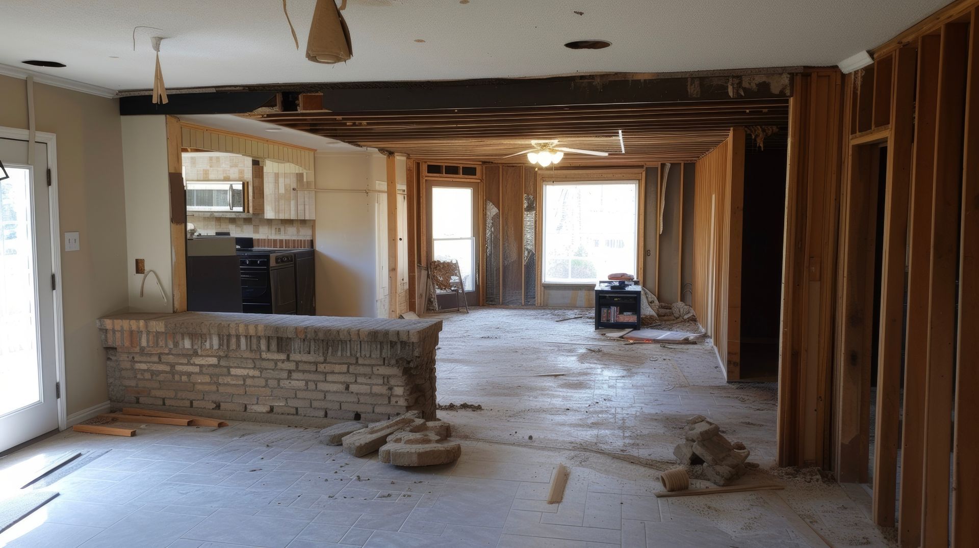 Vue intérieure d'une pièce en construction, montrant un comptoir en briques apparentes, des murs décapés et un plan ouvert.