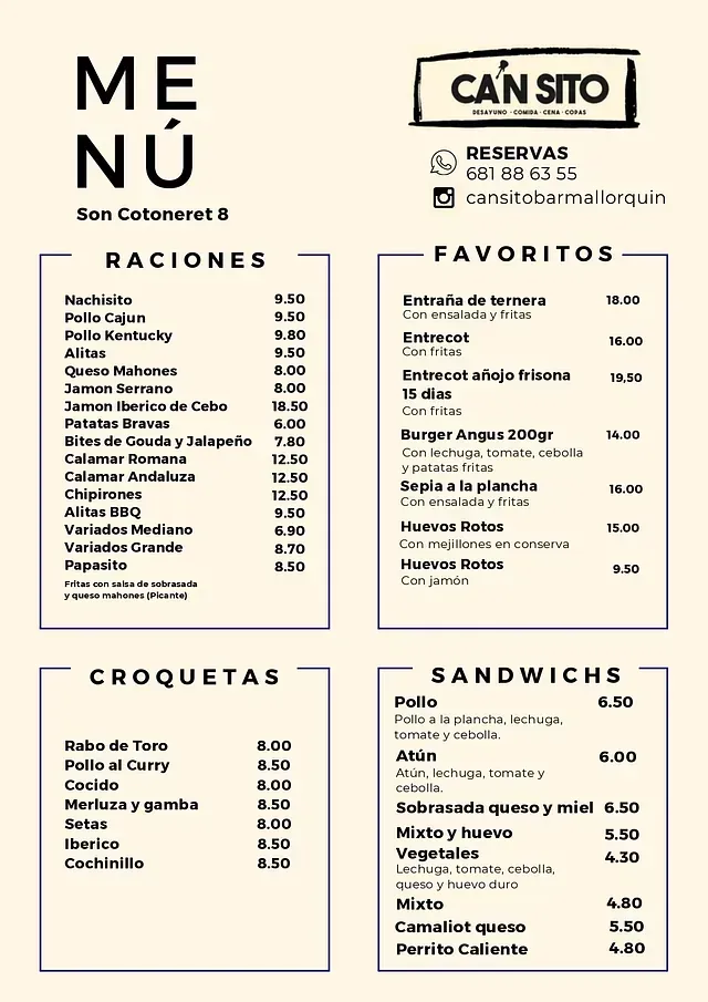 Un menú de un restaurante en español muestra una variedad de comidas y bebidas.