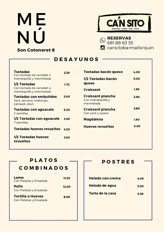 Un menú para un restaurante en español con fondo blanco.